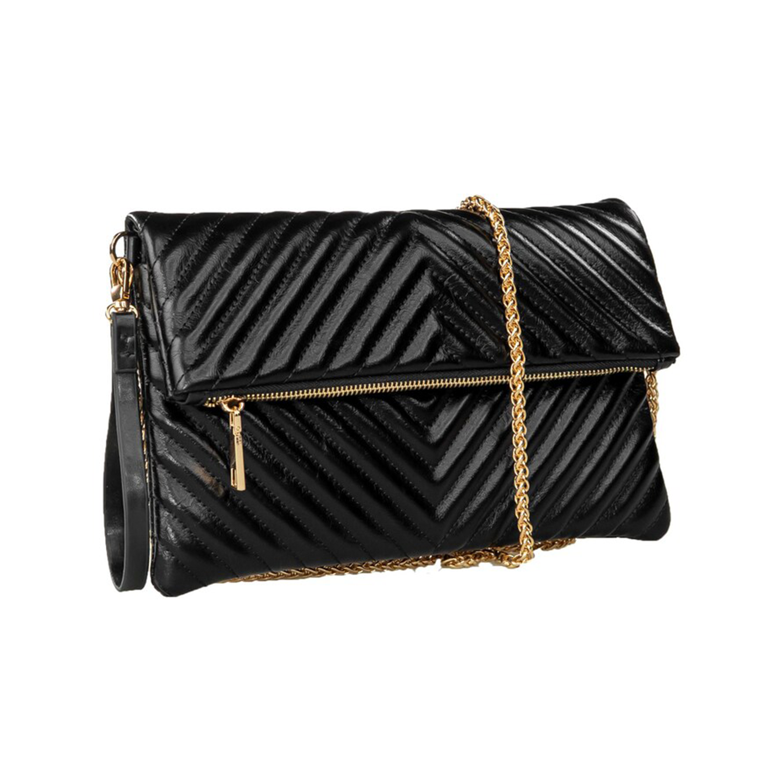 Solid Black Chevron Quilted Fold-Over Clutch With Gold Hardware, Detachable Linked Chain Strap And Side Wrist Loop Carry Fixture
