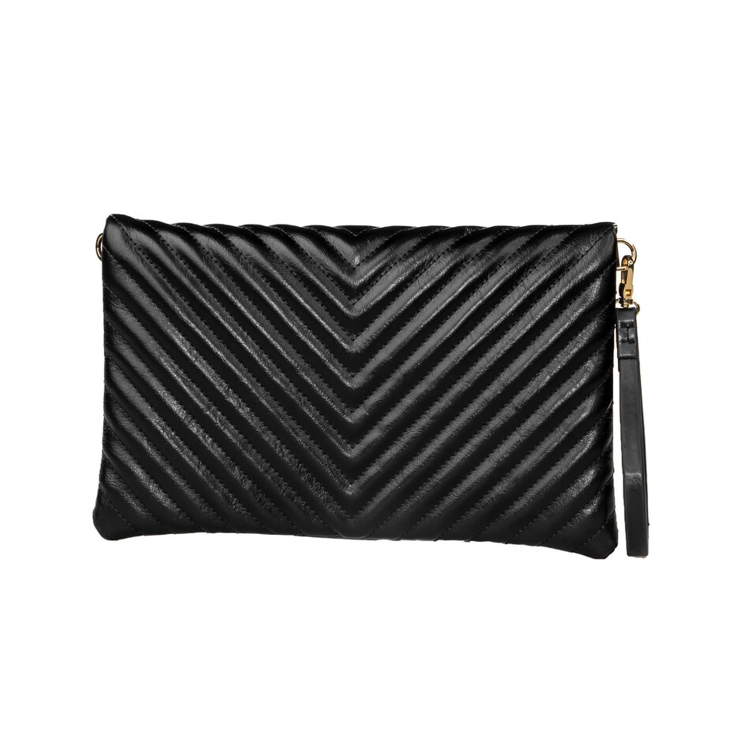 Solid Black Chevron Quilted Fold-Over Clutch With Gold Hardware, Detachable Linked Chain Strap And Side Wrist Loop Carry Fixture