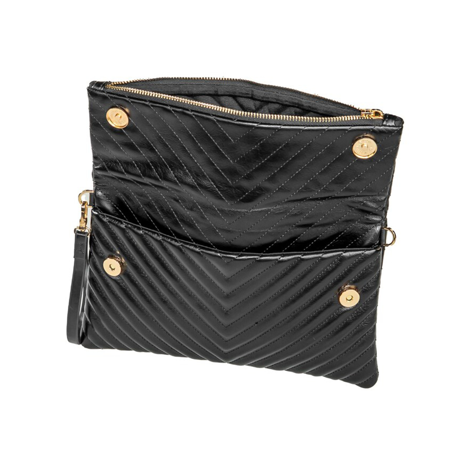 Solid Black Chevron Quilted Fold-Over Clutch With Gold Hardware, Detachable Linked Chain Strap And Side Wrist Loop Carry Fixture