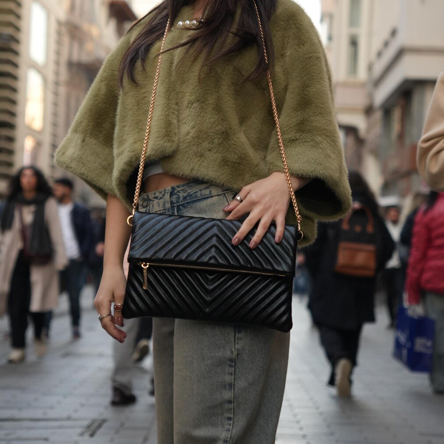 Solid Black Chevron Quilted Fold-Over Clutch With Gold Hardware, Detachable Linked Chain Strap And Side Wrist Loop Carry Fixture