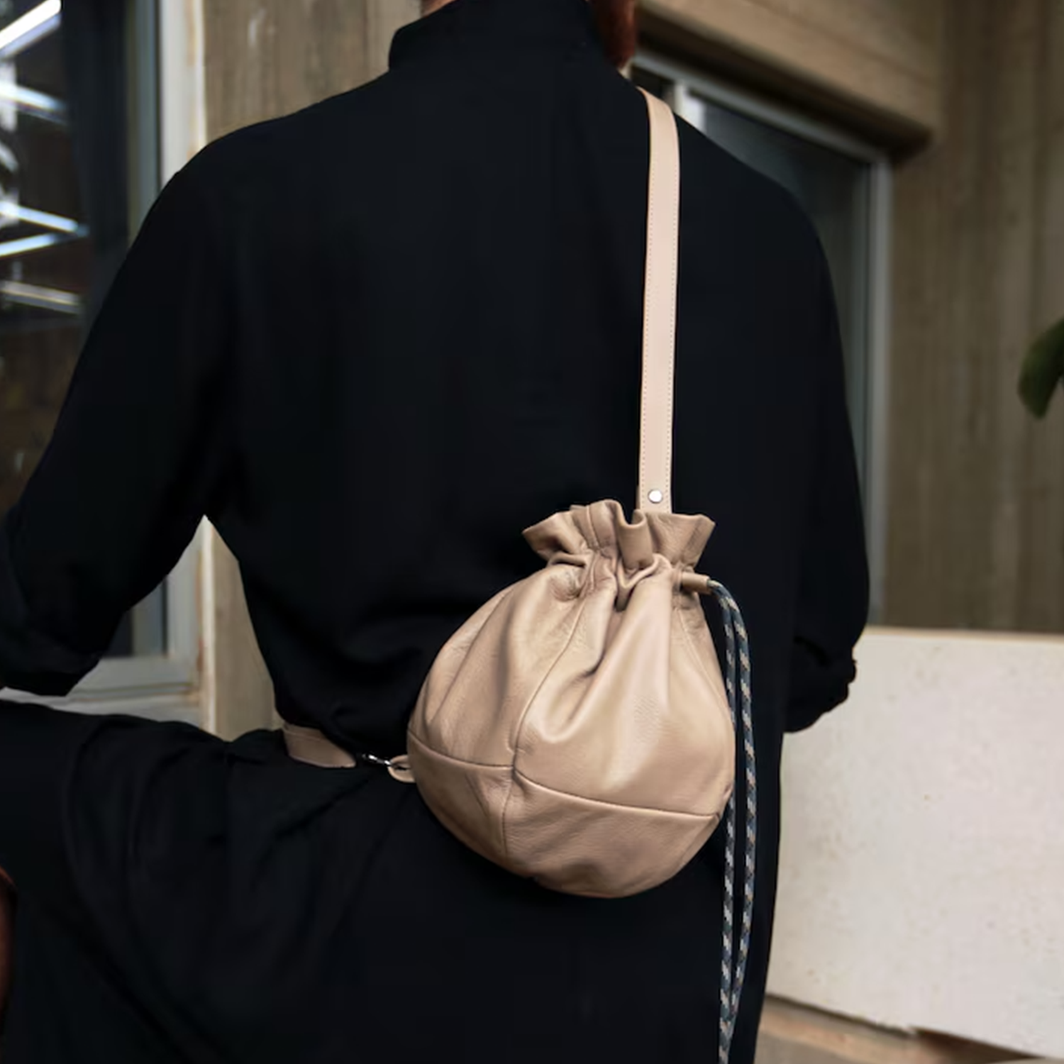 Tri-Tone Rounded Gathered Drawstring Pouch With Detachable Single Carry Band, Woven Braided Cinch Cords And Dual Inner Divider Slots Drawstring Bag