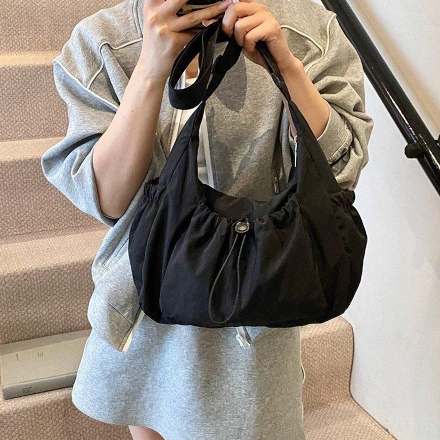 Drawstring Hobo Carry Bag With Flank Slip Storage Pockets, Extended Draping Shoulder Band And Soft Unstructured Slouch Silhouette