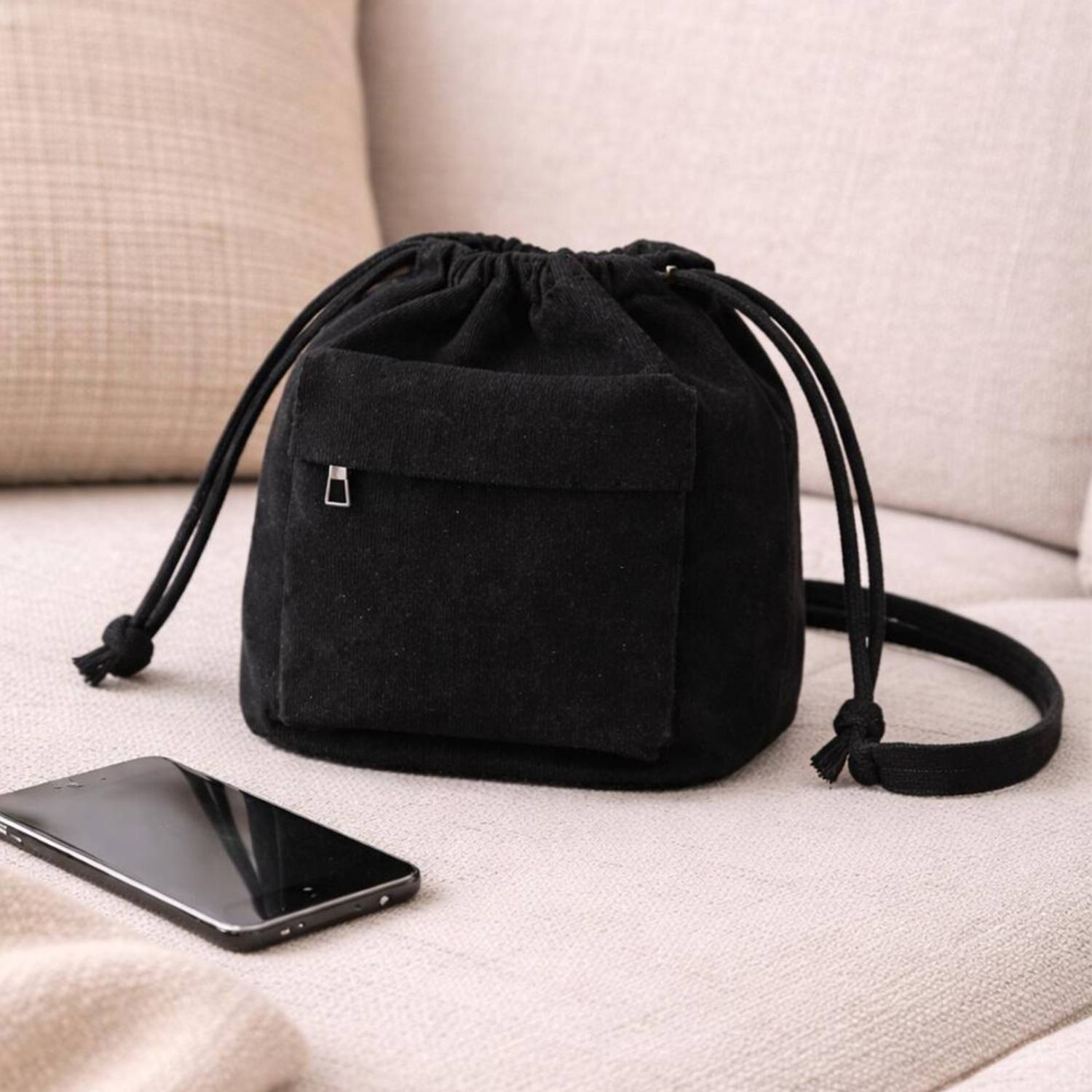 Tri Muted Tone Ribbed Drawstring Bucket Pouch With Front Zip Slip Pocket, Knotted Fabric Cinch Cords And Matching Fabric Carry Band