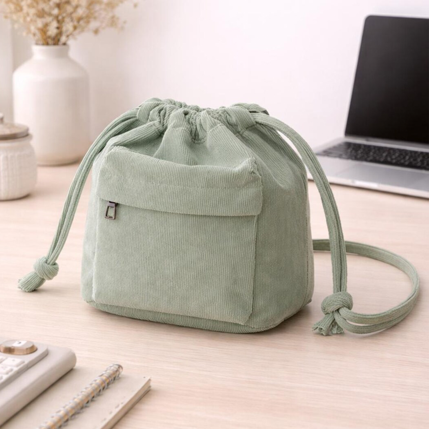 Tri Muted Tone Ribbed Drawstring Bucket Pouch With Front Zip Slip Pocket, Knotted Fabric Cinch Cords And Matching Fabric Carry Band