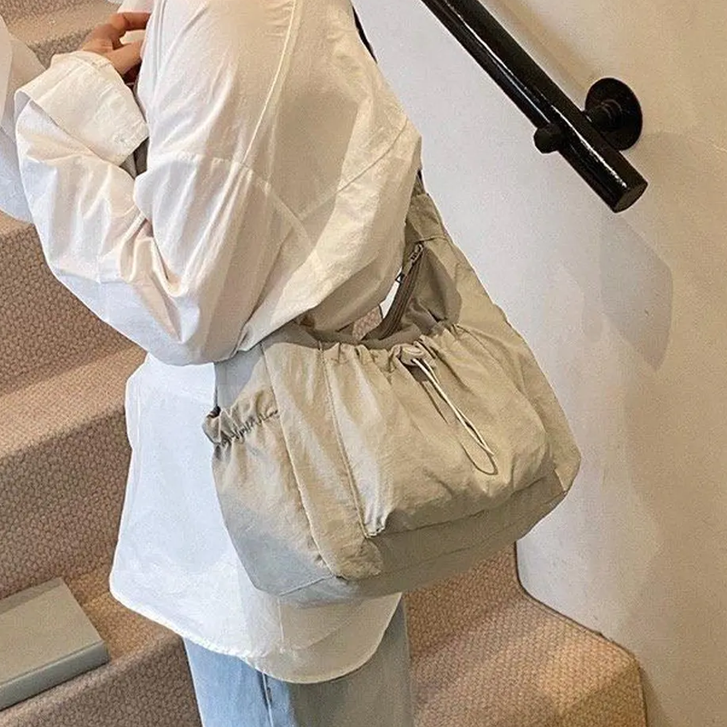 Drawstring Hobo Carry Bag With Flank Slip Storage Pockets, Extended Draping Shoulder Band And Soft Unstructured Slouch Silhouette