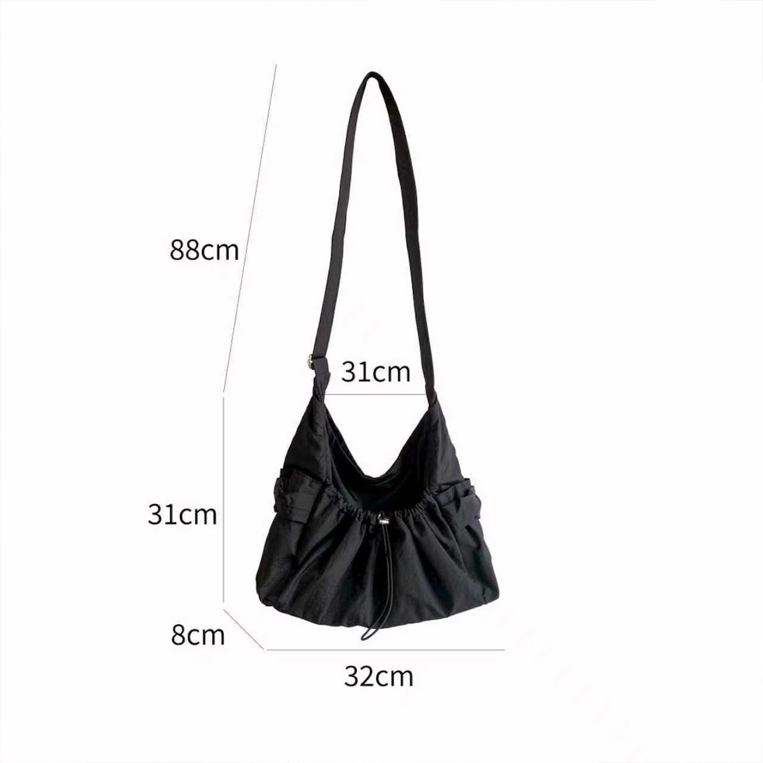 Drawstring Hobo Carry Bag With Flank Slip Storage Pockets, Extended Draping Shoulder Band And Soft Unstructured Slouch Silhouette