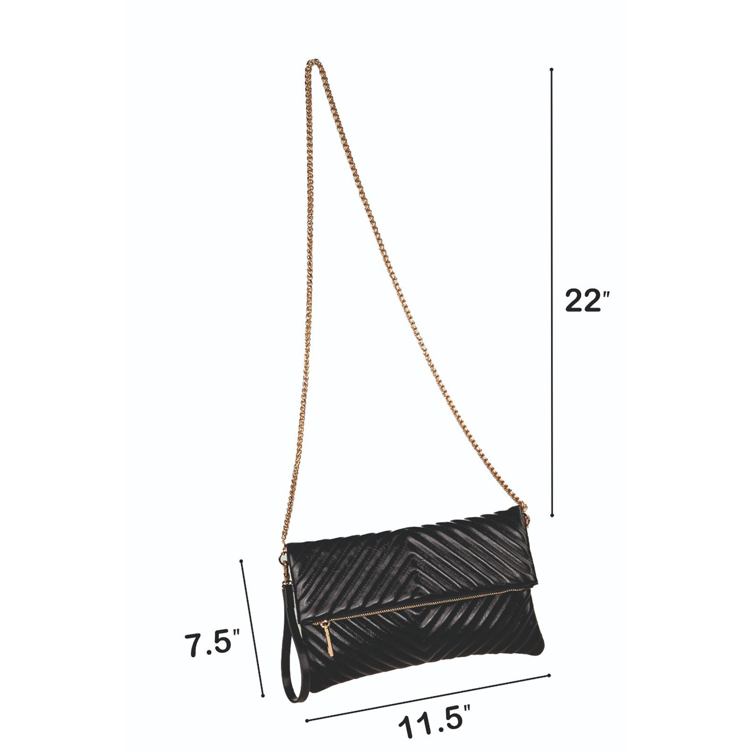 Solid Black Chevron Quilted Fold-Over Clutch With Gold Hardware, Detachable Linked Chain Strap And Side Wrist Loop Carry Fixture