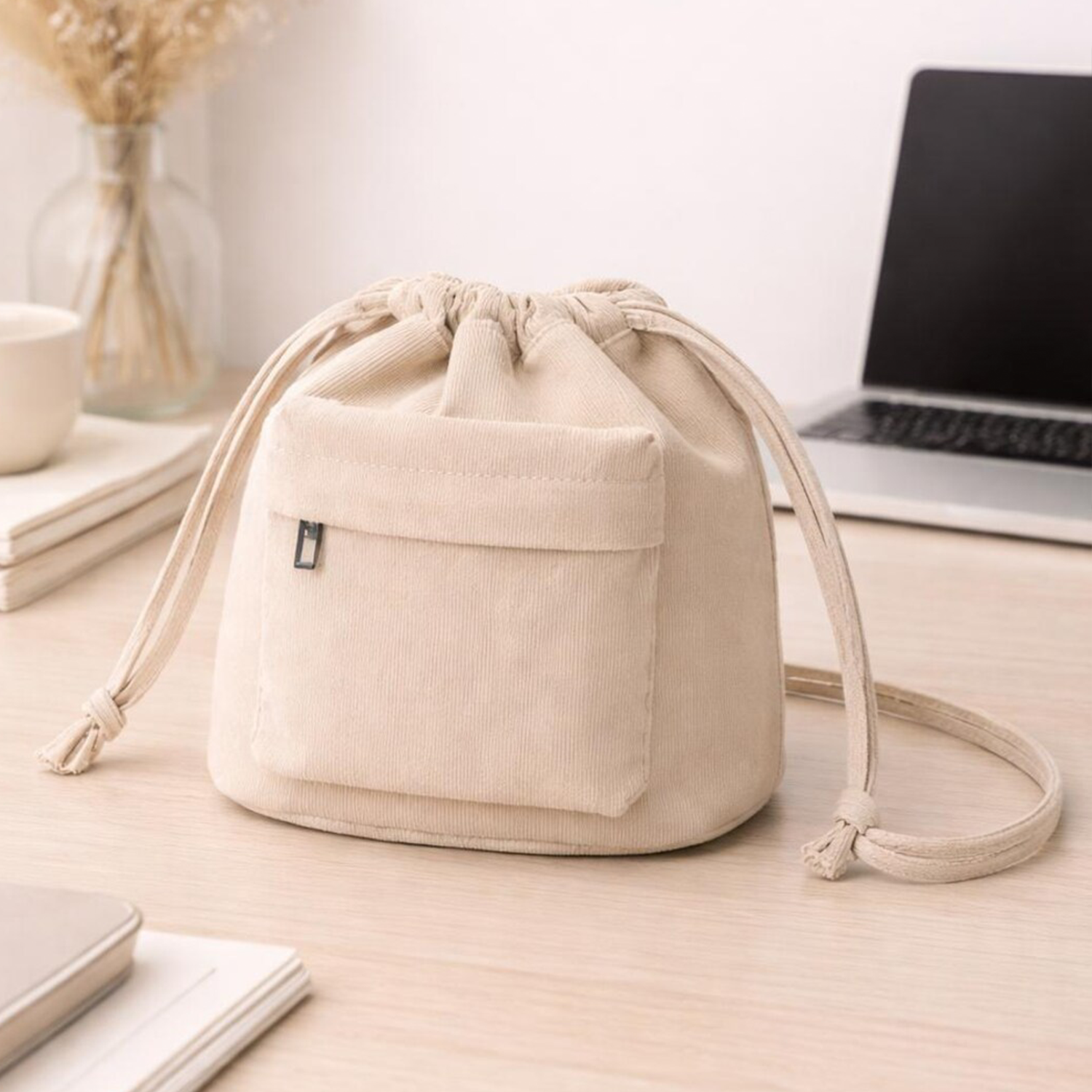 Tri Muted Tone Ribbed Drawstring Bucket Pouch With Front Zip Slip Pocket, Knotted Fabric Cinch Cords And Matching Fabric Carry Band