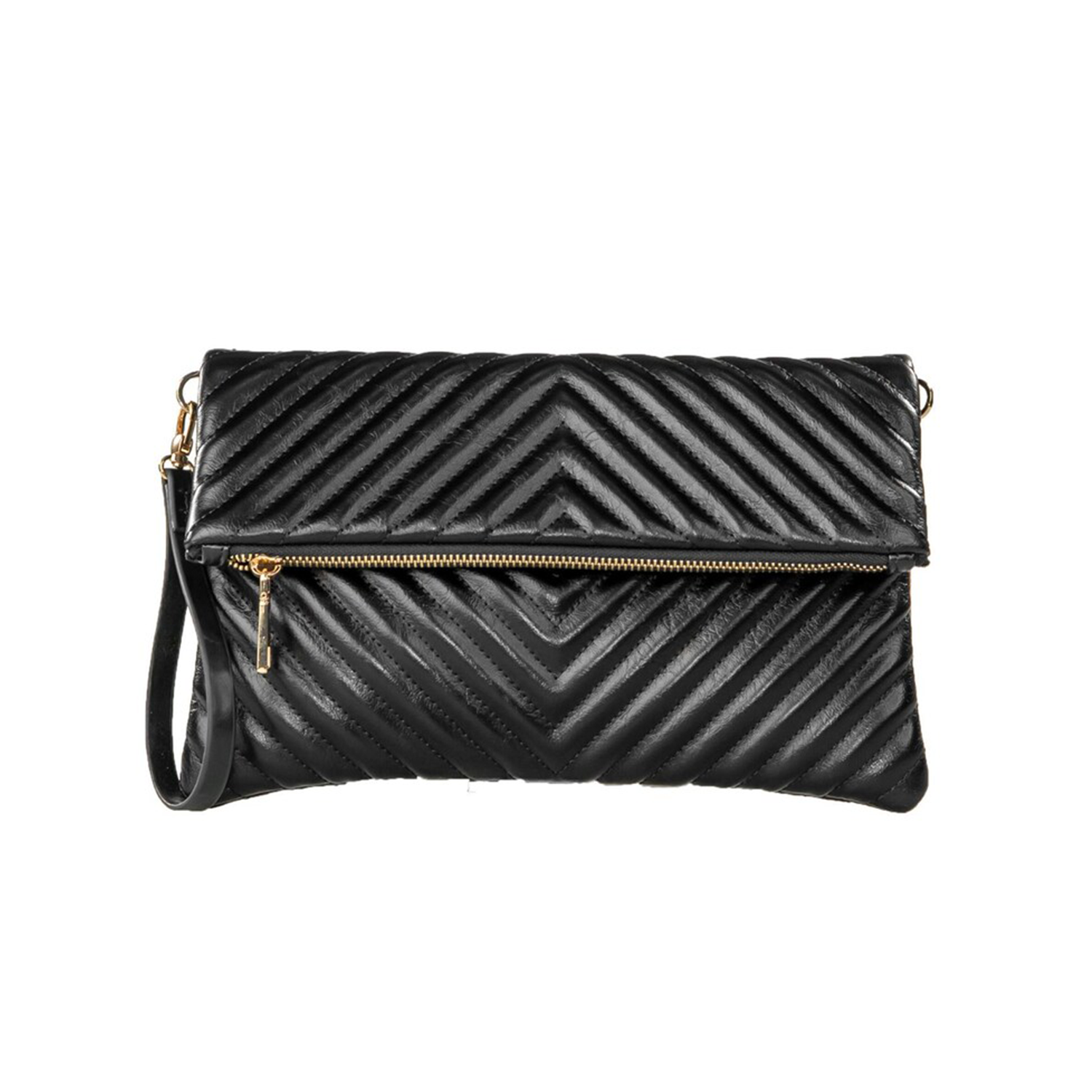 Solid Black Chevron Quilted Fold-Over Clutch With Gold Hardware, Detachable Linked Chain Strap And Side Wrist Loop Carry Fixture